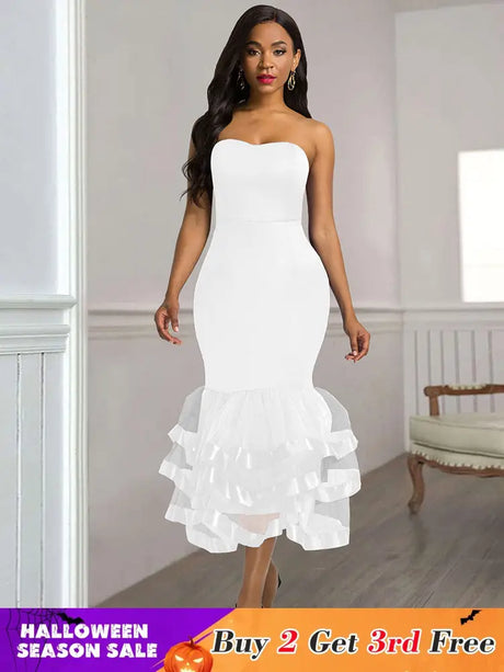 AOMEIDRESS Sexy Wedding Guests Dresses Strapless Backless Ruffle White / S