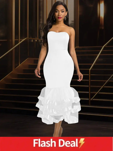 AOMEIDRESS Sexy Wedding Guests Dresses Strapless Backless Ruffle White / S