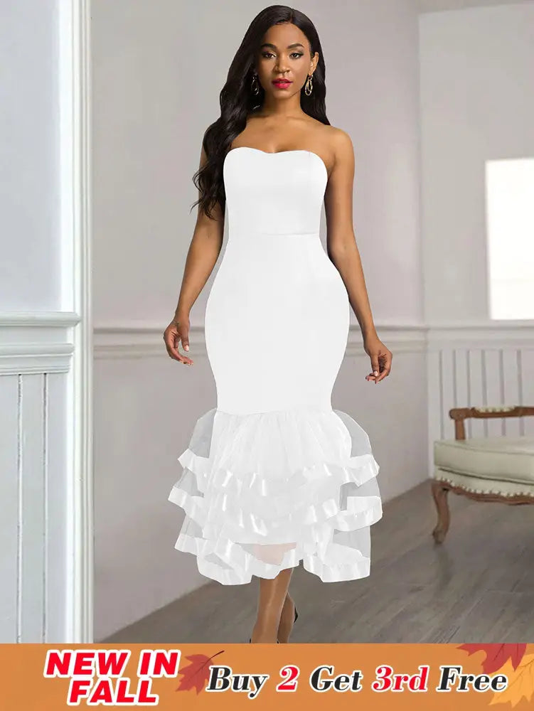 AOMEIDRESS Sexy Wedding Guests Dresses Strapless Backless Ruffle White / S