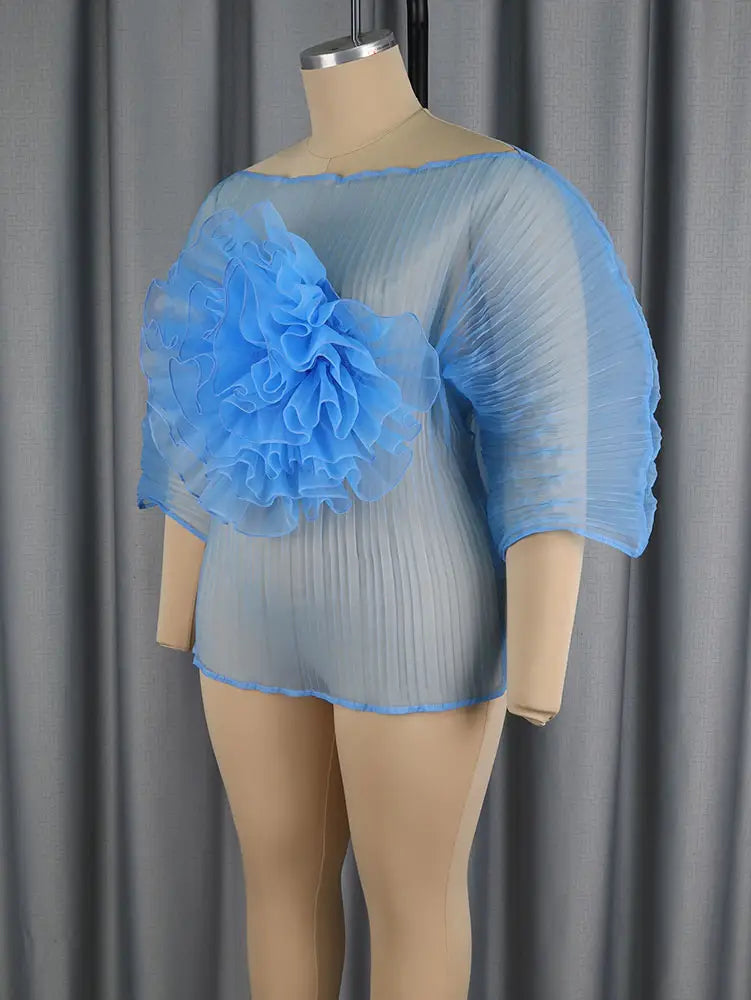 AOMEIDRESS Sheer Blue Mesh Top with 3D Floral Applique Wide Sleeves