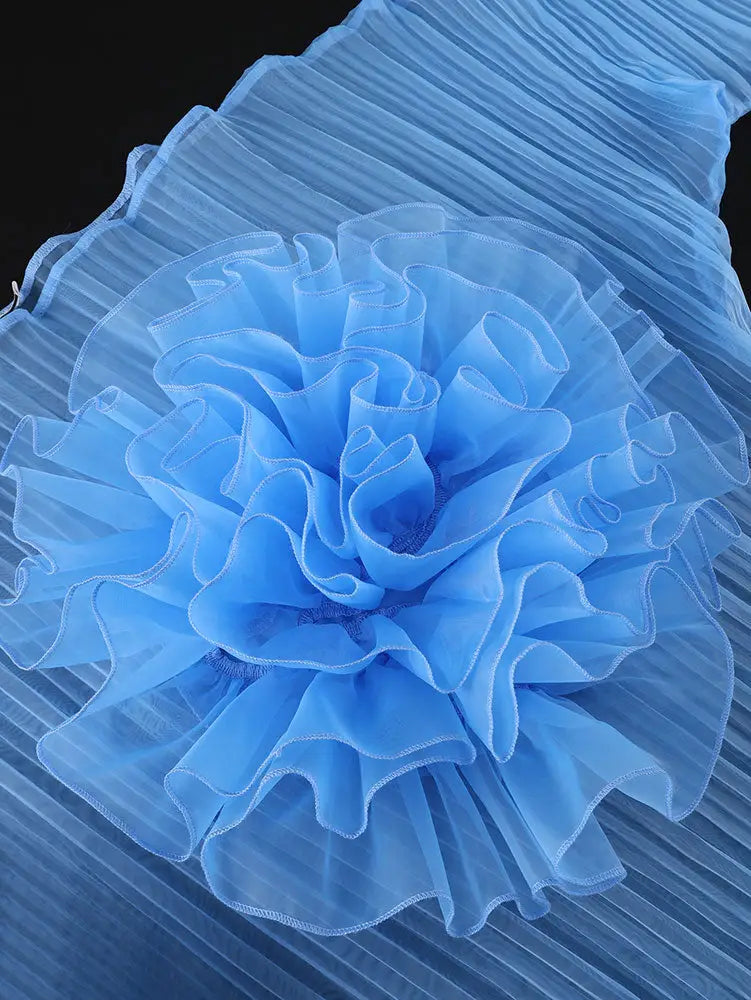 AOMEIDRESS Sheer Blue Mesh Top with 3D Floral Applique Wide Sleeves