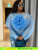 AOMEIDRESS Sheer Blue Mesh Top with 3D Floral Applique Wide Sleeves Blue / L