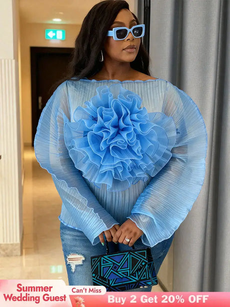 AOMEIDRESS Sheer Blue Mesh Top with 3D Floral Applique Wide Sleeves Blue / L