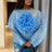 AOMEIDRESS Sheer Blue Mesh Top with 3D Floral Applique Wide Sleeves Blue / L