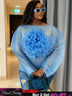 AOMEIDRESS Sheer Blue Mesh Top with 3D Floral Applique Wide Sleeves Blue / L