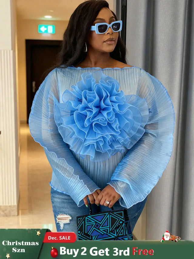 AOMEIDRESS Sheer Blue Mesh Top with 3D Floral Applique Wide Sleeves Blue / L