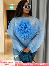 AOMEIDRESS Sheer Blue Mesh Top with 3D Floral Applique Wide Sleeves Blue / L
