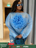 AOMEIDRESS Sheer Blue Mesh Top with 3D Floral Applique Wide Sleeves Blue / L