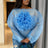 AOMEIDRESS Sheer Blue Mesh Top with 3D Floral Applique Wide Sleeves Blue / L