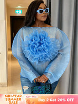 AOMEIDRESS Sheer Blue Mesh Top with 3D Floral Applique Wide Sleeves Blue / L