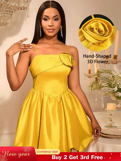 AOMEIDRESS Shiny A Line Mini Backless Wedding Guests Dresses 3D Flower Gold / S