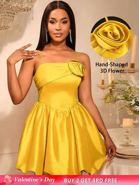 AOMEIDRESS Shiny A Line Mini Backless Wedding Guests Dresses 3D Flower Gold / S