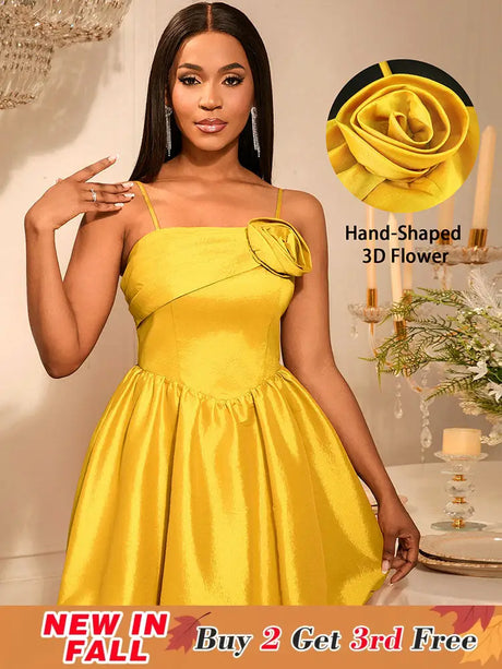 AOMEIDRESS Shiny A Line Mini Backless Wedding Guests Dresses 3D Flower Gold / S