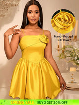 AOMEIDRESS Shiny A Line Mini Backless Wedding Guests Dresses 3D Flower Gold / S