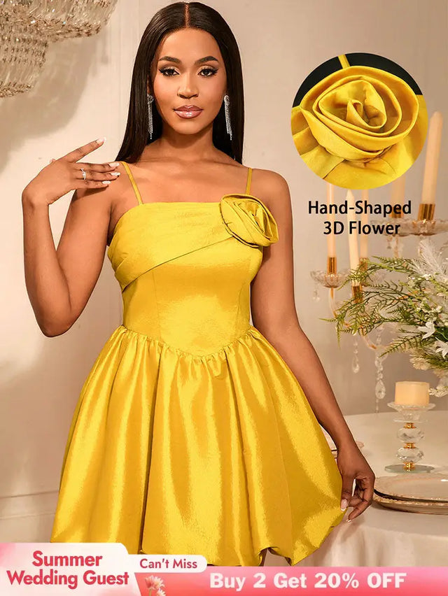 AOMEIDRESS Shiny A Line Mini Backless Wedding Guests Dresses 3D Flower Gold / S