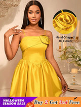 AOMEIDRESS Shiny A Line Mini Backless Wedding Guests Dresses 3D Flower Gold / S