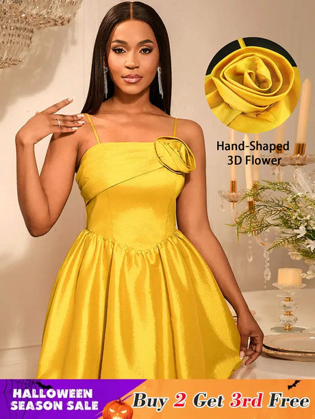AOMEIDRESS Shiny A Line Mini Backless Wedding Guests Dresses 3D Flower Gold / S