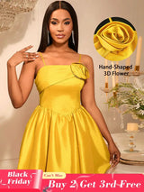 AOMEIDRESS Shiny A Line Mini Backless Wedding Guests Dresses 3D Flower Gold / S