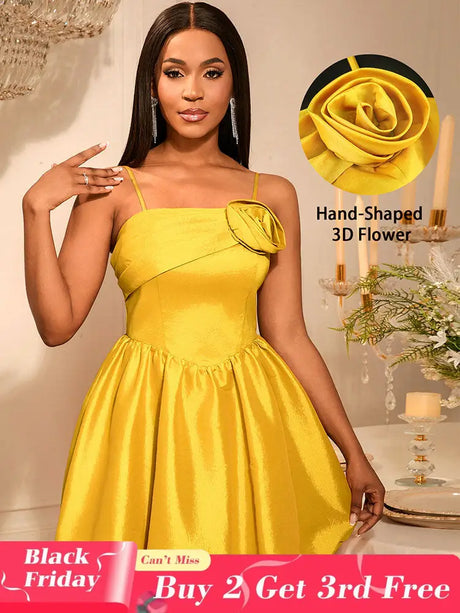 AOMEIDRESS Shiny A Line Mini Backless Wedding Guests Dresses 3D Flower Gold / S