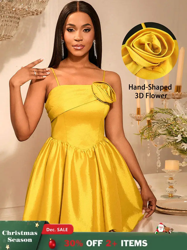 AOMEIDRESS Shiny A Line Mini Backless Wedding Guests Dresses 3D Flower Gold / S