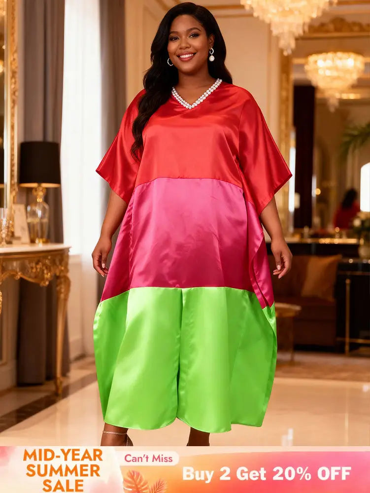 AOMEIDRESS Shiny Colorblock Kaftan Bubu Dress V Neck Beading Gowns Red / OneSize