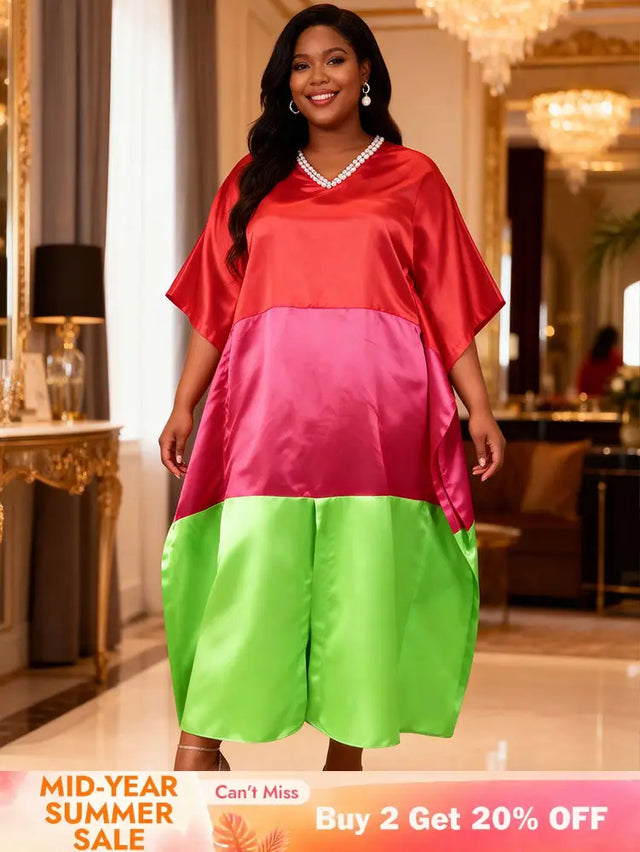AOMEIDRESS Shiny Colorblock Kaftan Bubu Dress V Neck Beading Gowns Red / OneSize