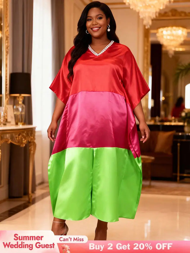 AOMEIDRESS Shiny Colorblock Kaftan Bubu Dress V Neck Beading Gowns Red / OneSize