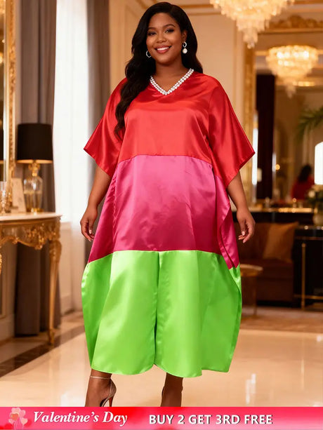 AOMEIDRESS Shiny Colorblock Kaftan Bubu Dress V Neck Beading Gowns Red / OneSize