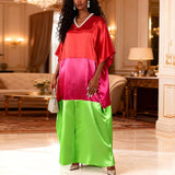 AOMEIDRESS Shiny Colorblock Kaftan Bubu Dress V Neck Beading Gowns Red / OneSize