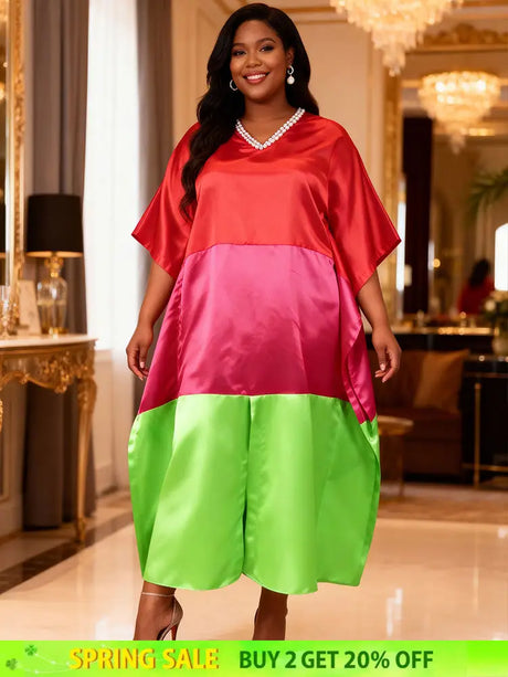 AOMEIDRESS Shiny Colorblock Kaftan Bubu Dress V Neck Beading Gowns Red / OneSize