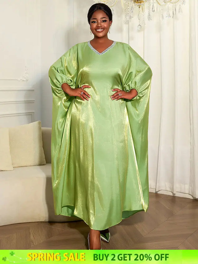 AOMEIDRESS Shiny Kaftan Bubu Dress V Neck Loose African Party Gowns MustardGreen / One Size