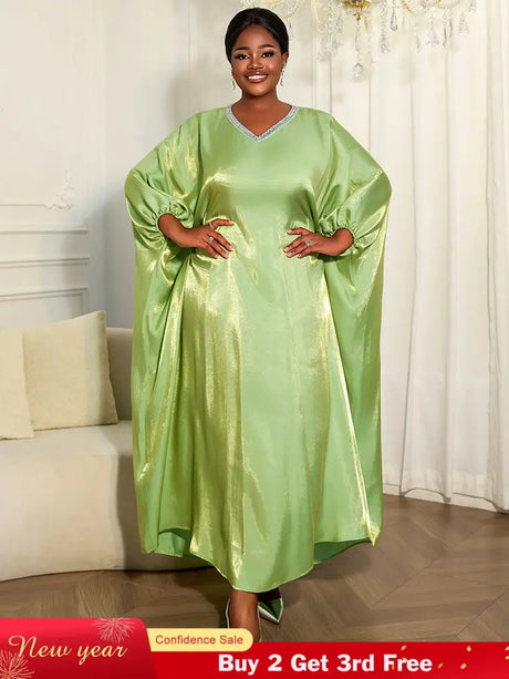 AOMEIDRESS Shiny Kaftan Bubu Dress V Neck Loose African Party Gowns MustardGreen / One Size