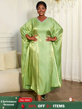 AOMEIDRESS Shiny Kaftan Bubu Dress V Neck Loose African Party Gowns MustardGreen / One Size