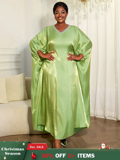 AOMEIDRESS Shiny Kaftan Bubu Dress V Neck Loose African Party Gowns MustardGreen / One Size