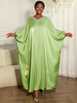 AOMEIDRESS Shiny Kaftan Bubu Dress V Neck Loose African Party Gowns MustardGreen / One Size