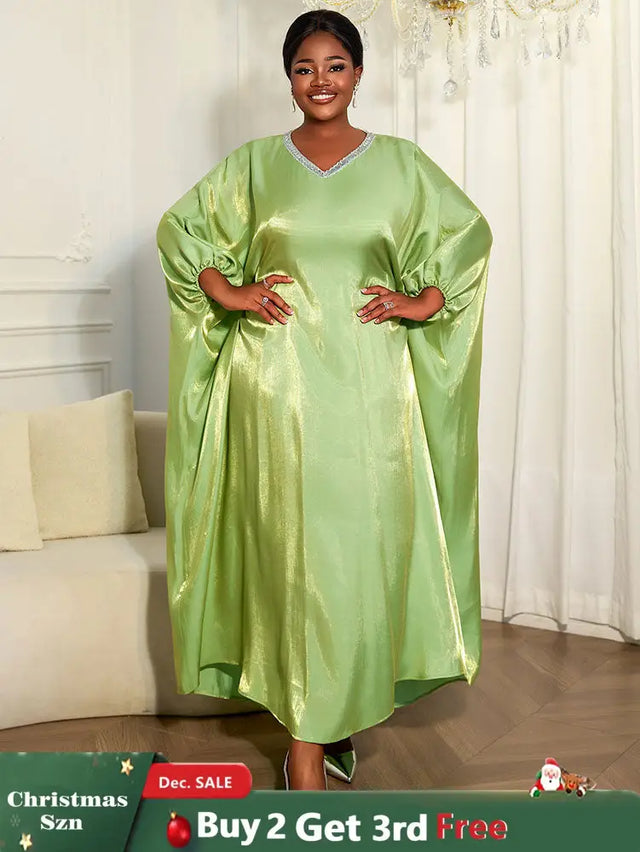 AOMEIDRESS Shiny Kaftan Bubu Dress V Neck Loose African Party Gowns MustardGreen / One Size