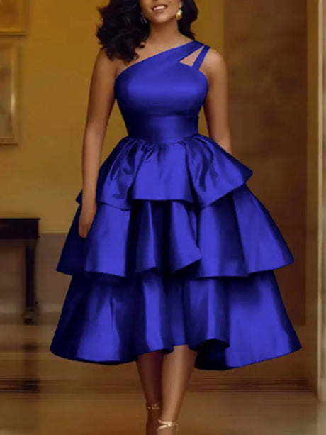 AOMEIDRESS Shiny One Shoulder Ruffle Layered Christmas Party Dresses Blue / S