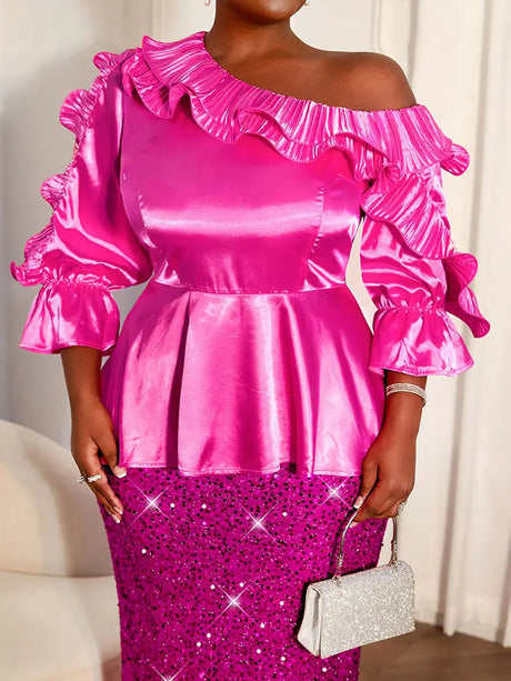 AOMEIDRESS Shiny One Shoulder Ruffled Satin Top Long Puff Sleeves