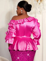 AOMEIDRESS Shiny One Shoulder Ruffled Satin Top Long Puff Sleeves