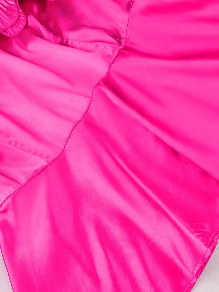 AOMEIDRESS Shiny One Shoulder Ruffled Satin Top Long Puff Sleeves