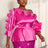 AOMEIDRESS Shiny One Shoulder Ruffled Satin Top Long Puff Sleeves Rose / L