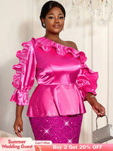 AOMEIDRESS Shiny One Shoulder Ruffled Satin Top Long Puff Sleeves Rose / L