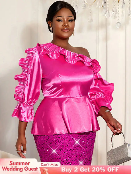 AOMEIDRESS Shiny One Shoulder Ruffled Satin Top Long Puff Sleeves Rose / L