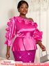 AOMEIDRESS Shiny One Shoulder Ruffled Satin Top Long Puff Sleeves Rose / L