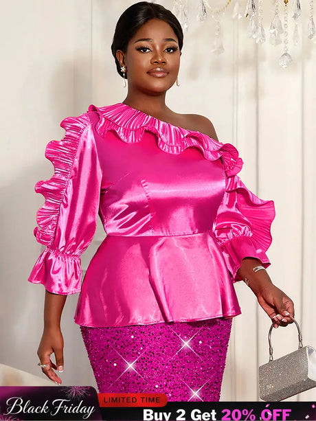 AOMEIDRESS Shiny One Shoulder Ruffled Satin Top Long Puff Sleeves Rose / L