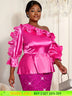 AOMEIDRESS Shiny One Shoulder Ruffled Satin Top Long Puff Sleeves Rose / L