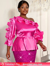 AOMEIDRESS Shiny One Shoulder Ruffled Satin Top Long Puff Sleeves Rose / L