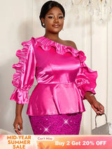 AOMEIDRESS Shiny One Shoulder Ruffled Satin Top Long Puff Sleeves Rose / L