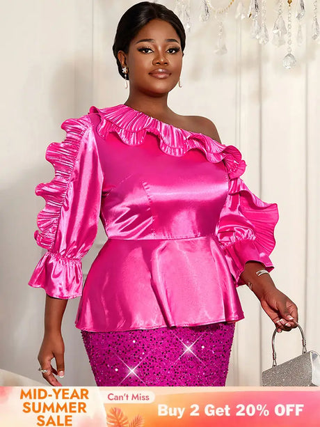 AOMEIDRESS Shiny One Shoulder Ruffled Satin Top Long Puff Sleeves Rose / L