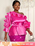 AOMEIDRESS Shiny One Shoulder Ruffled Satin Top Long Puff Sleeves Rose / L